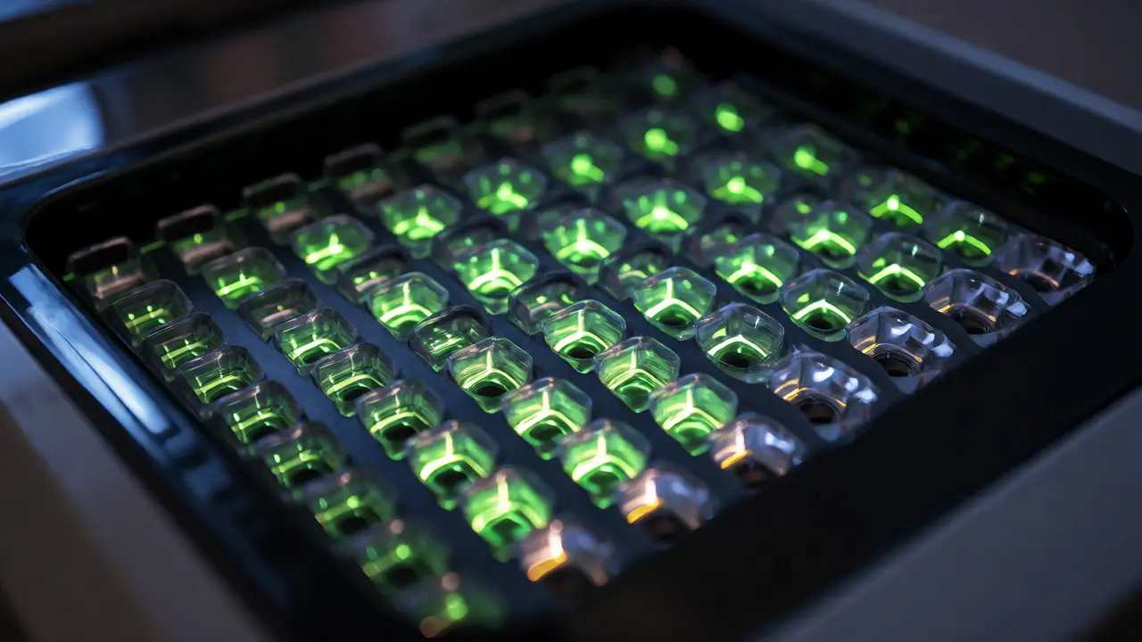 Fluorescent wells in a qPCR machine indicating DNA quality and integrity