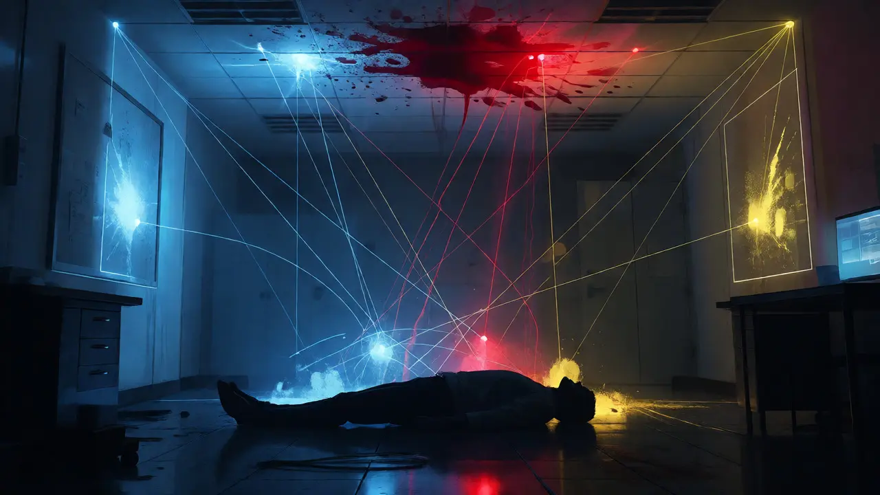 Forensic analysis visualization with directional lines over a crime scene