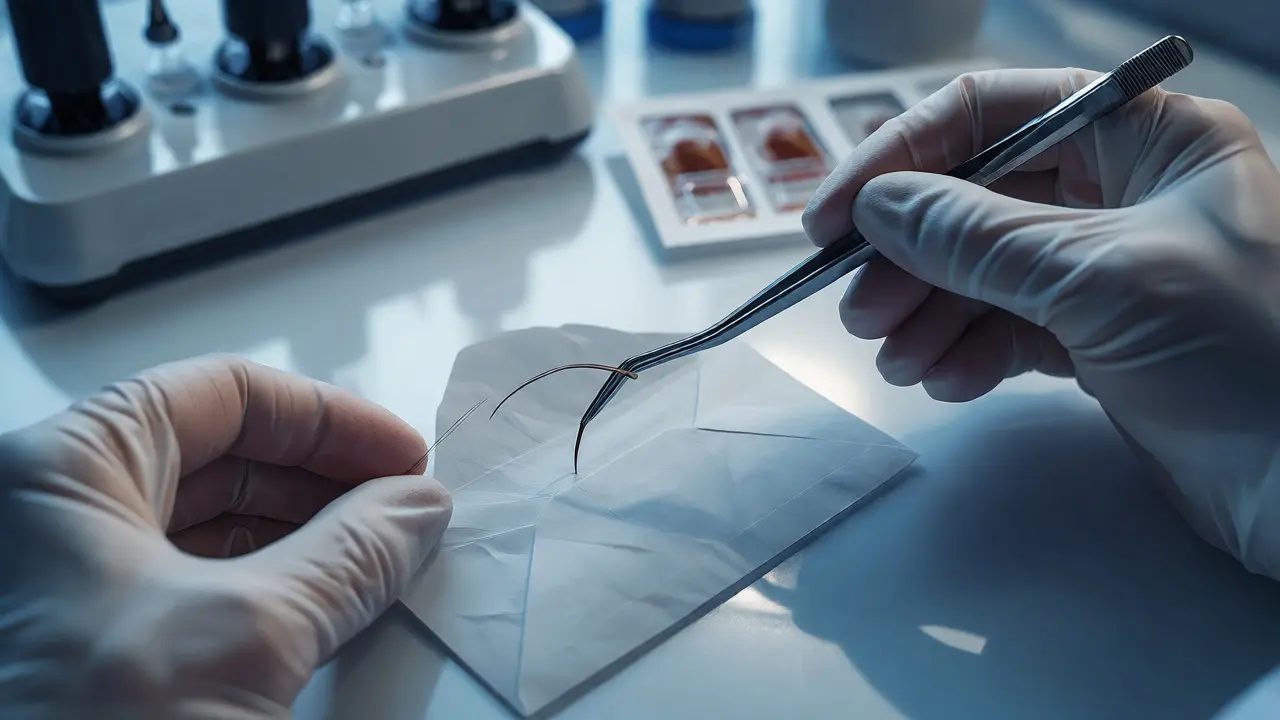 Forensic analyst placing hair in paper envelope