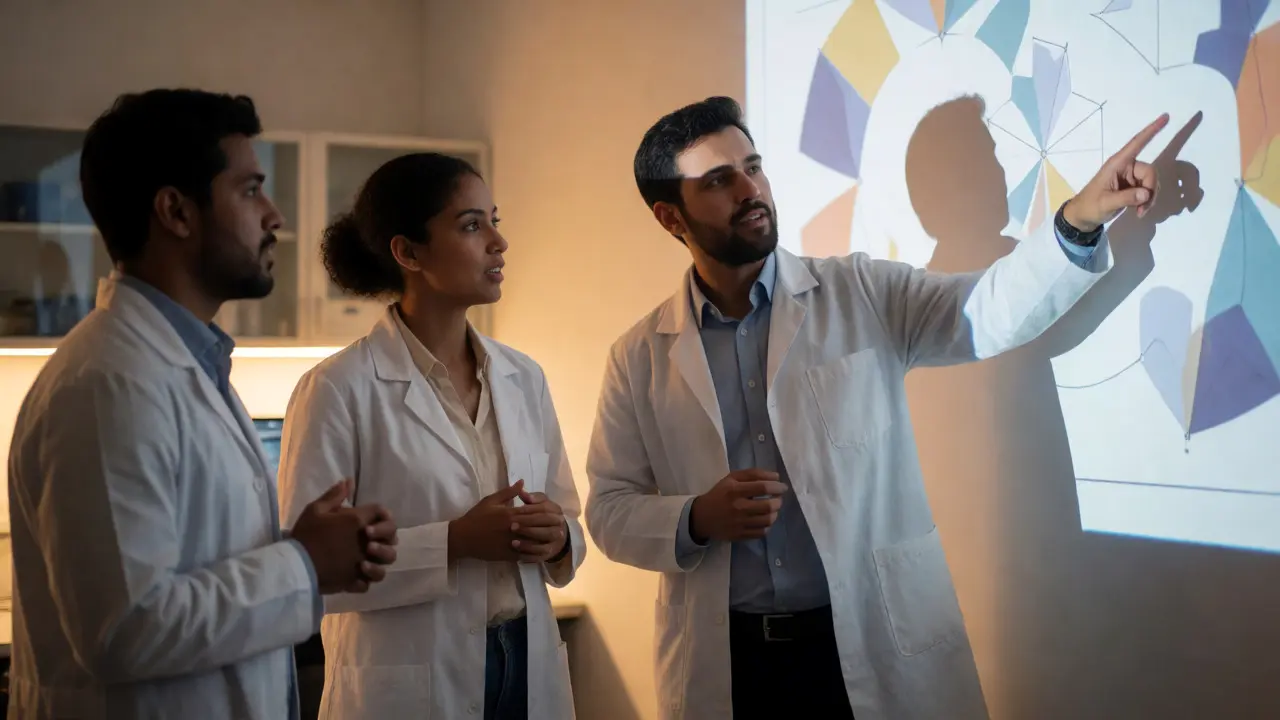 Forensic analysts discussing complex data visualizations in a modern lab