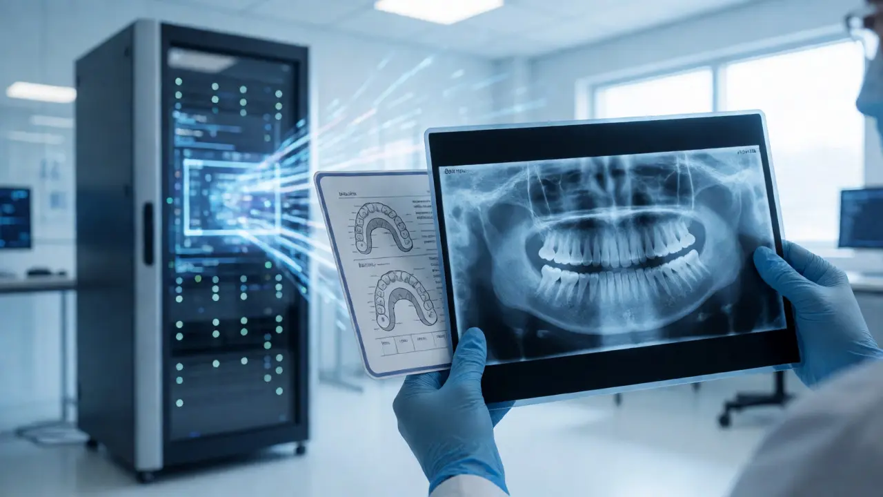 Forensic dentist comparing dental chart and X-ray in lab