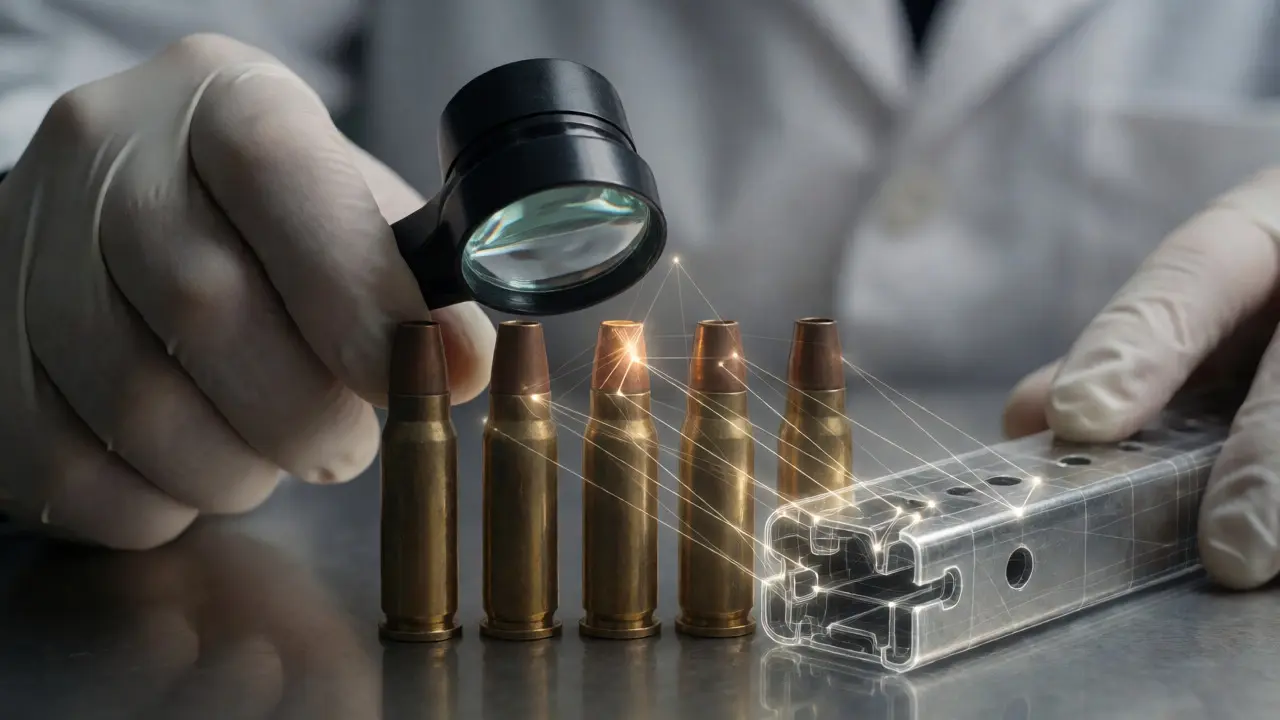 Forensic examiner analyzing casings with digital overlays linking magazine wear patterns to evidence.