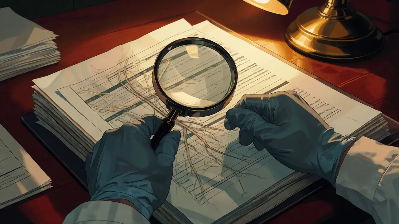 Forensic expert examining medical records with anatomical overlays under a magnifying glass