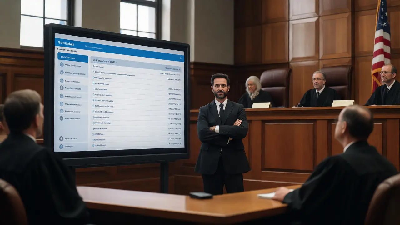 Forensic expert presenting a secure digital audit trail on a screen in a courtroom setting.