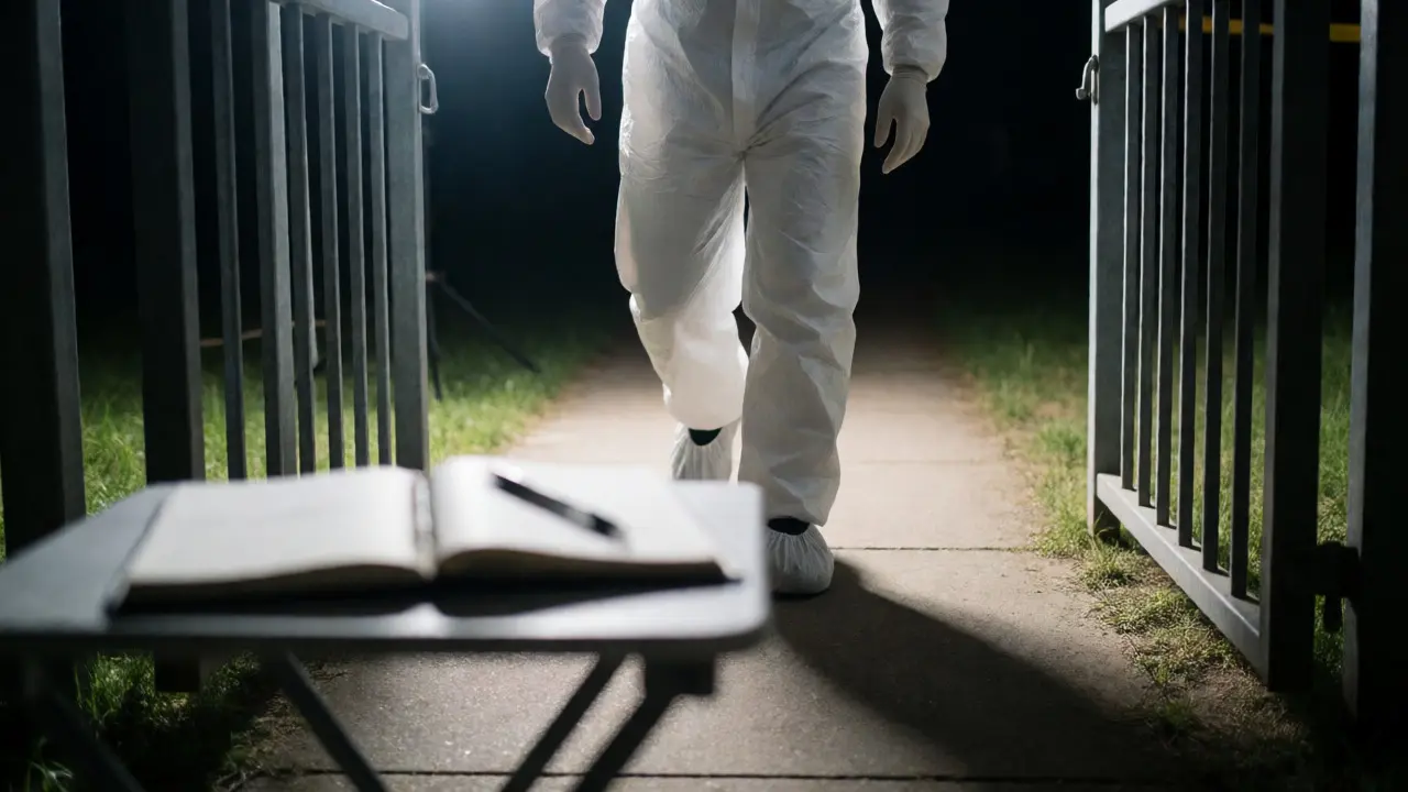 Forensic investigator entering controlled crime scene choke point