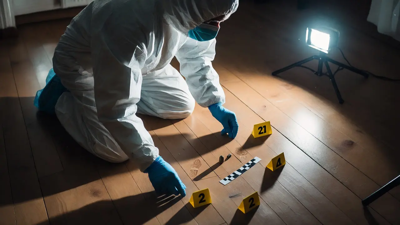 Forensic investigator in protective gear placing evidence markers on a floor.