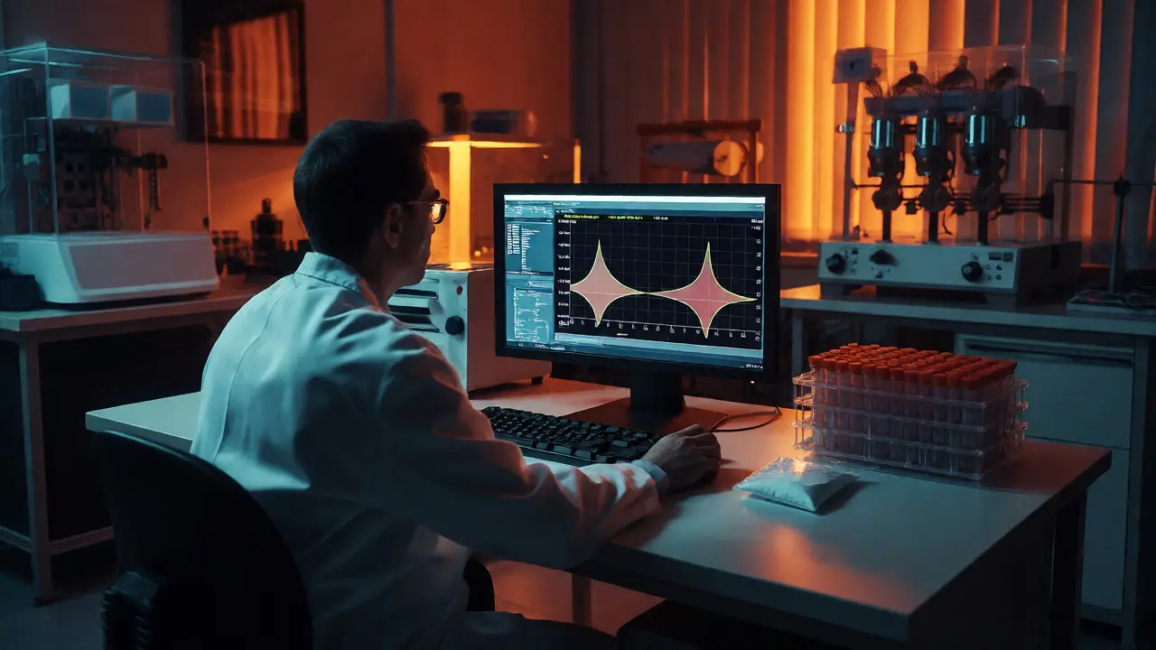 Forensic scientist analyzing chromatogram peaks on a monitor in a dimly lit lab