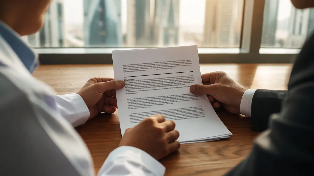 Forensic scientist and attorney collaborating on a structured report in a Dubai office.