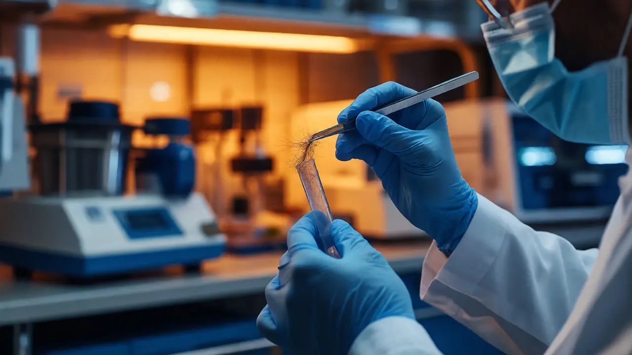 Forensic scientist handling a hair sample in a modern genetics laboratory