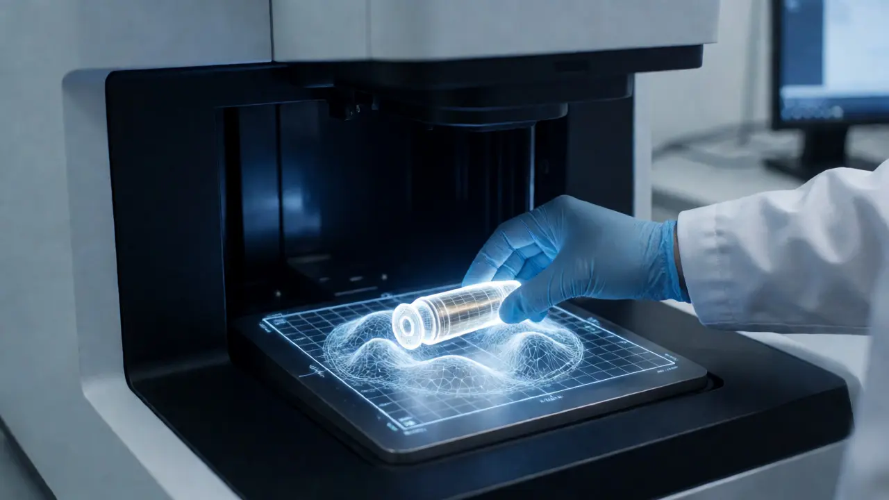Forensic technician using a 3D microscope to scan a shell casing in a lab