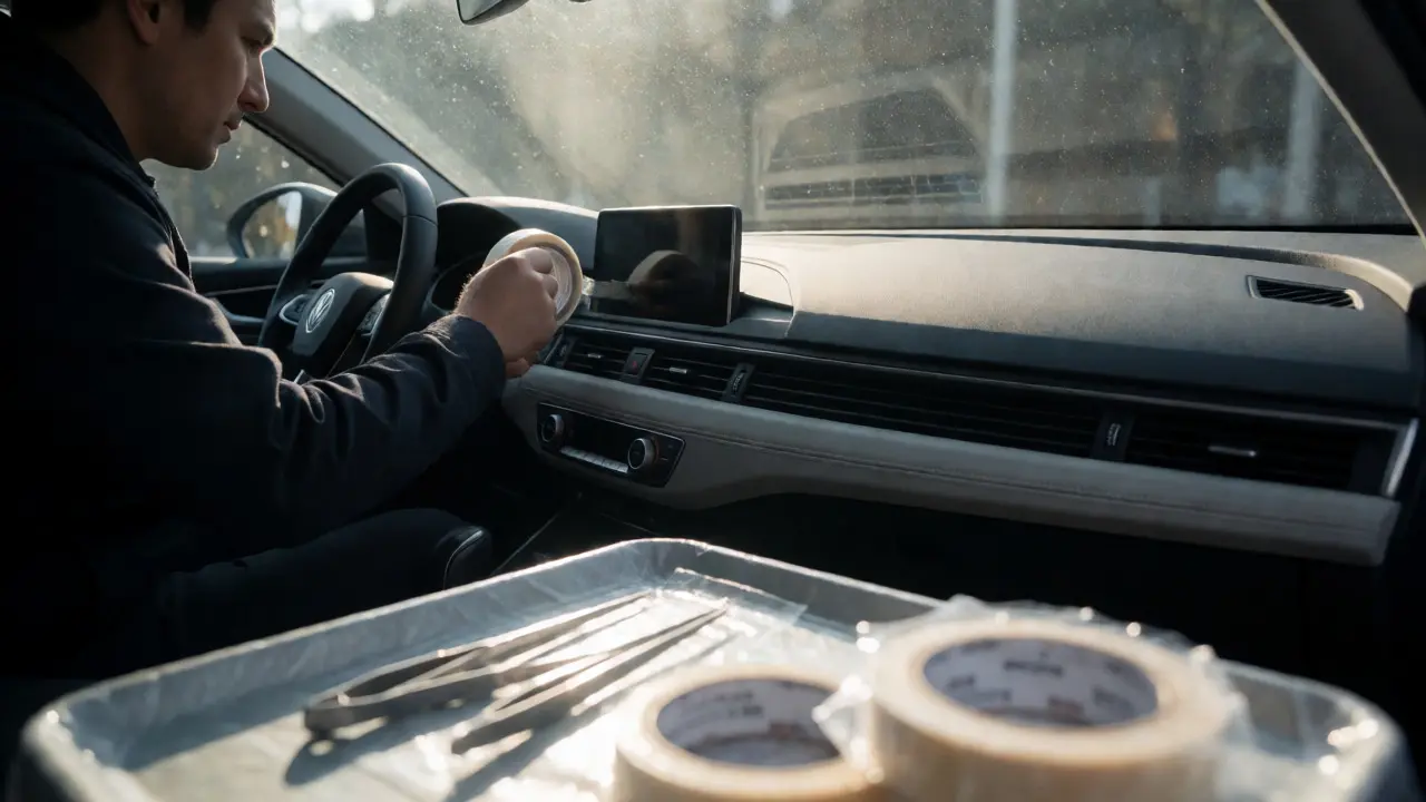 Forensic technician using tape to collect evidence from a car dashboard.