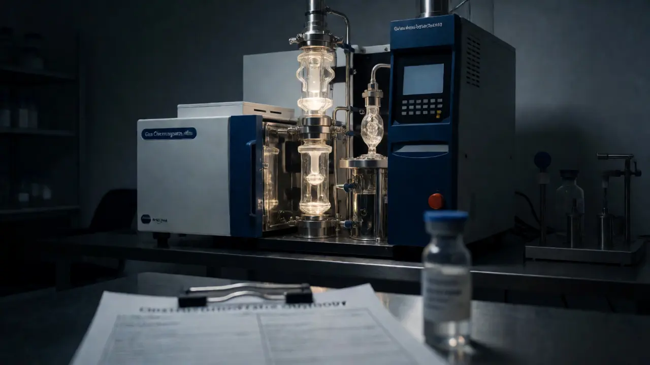 GC-MS machine analyzing samples in a forensic toxicology laboratory