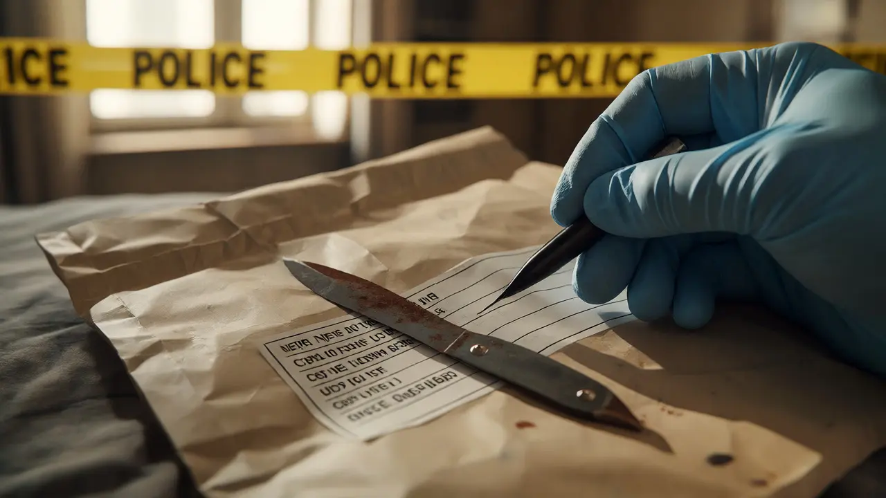 Gloved hand sealing evidence bag with knife