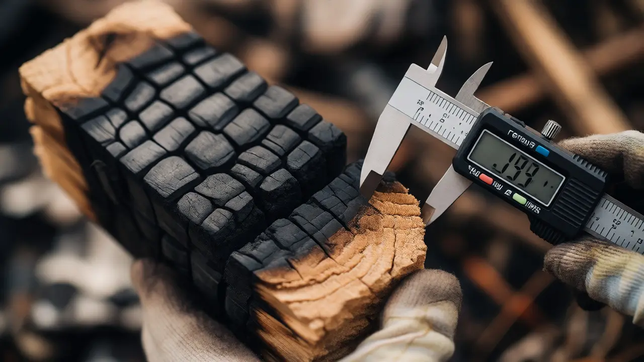 Gloved hand using calipers to measure the depth of char on a cross-section of wood
