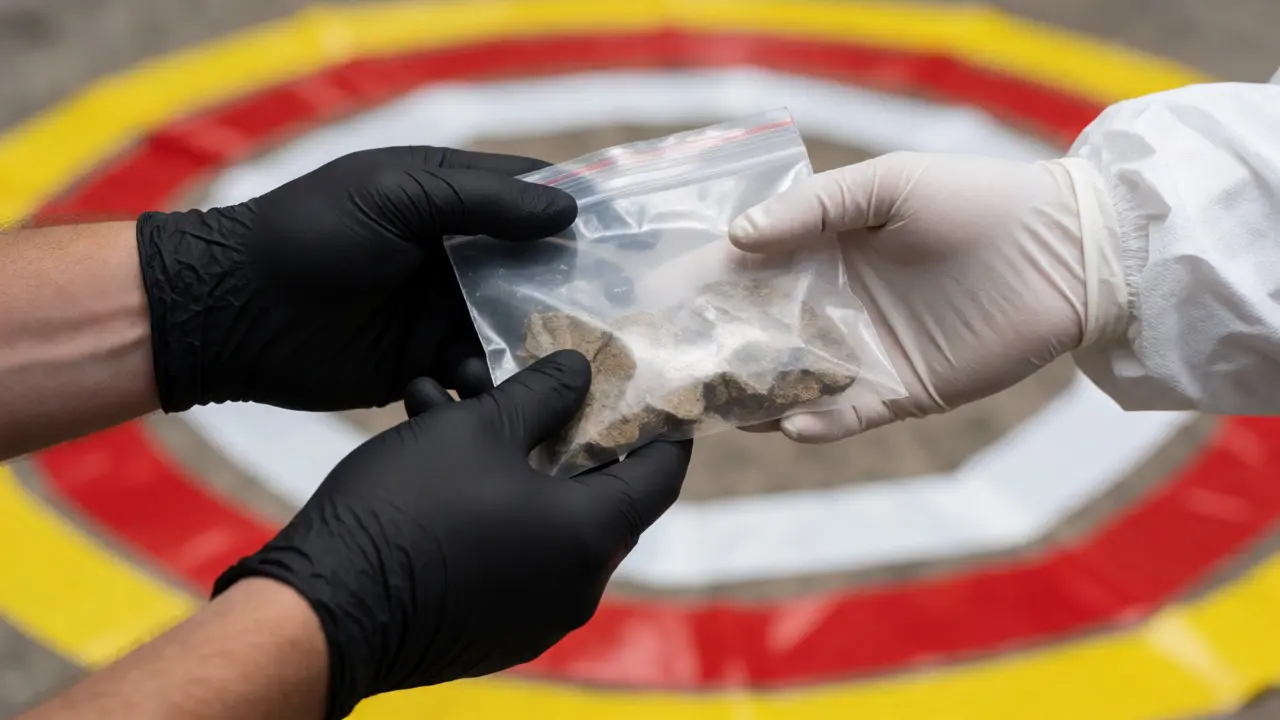 Gloved hands exchanging an evidence bag during a chain of custody handoff at a crime scene.