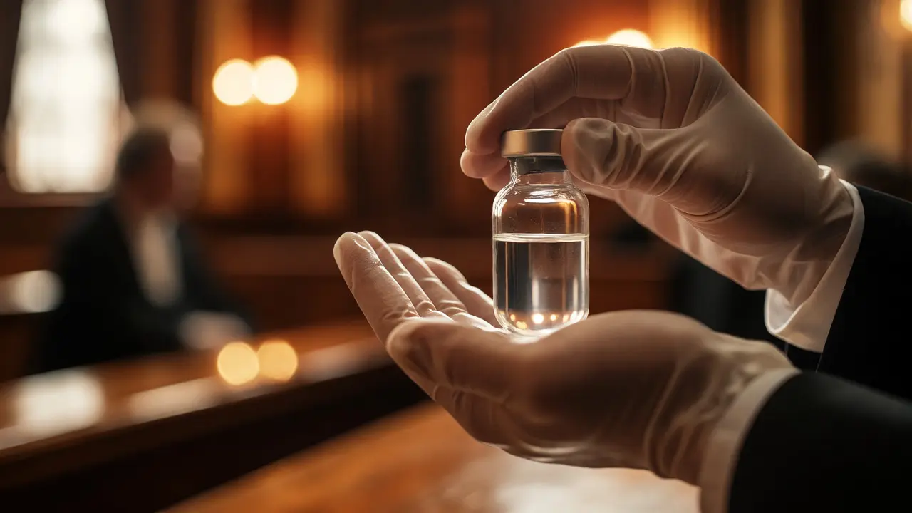 Gloved hands holding a drug sample vial with a blurred courtroom background