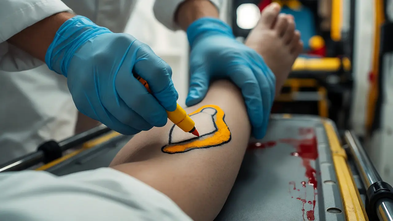 Gloved hands marking victim position before moving them