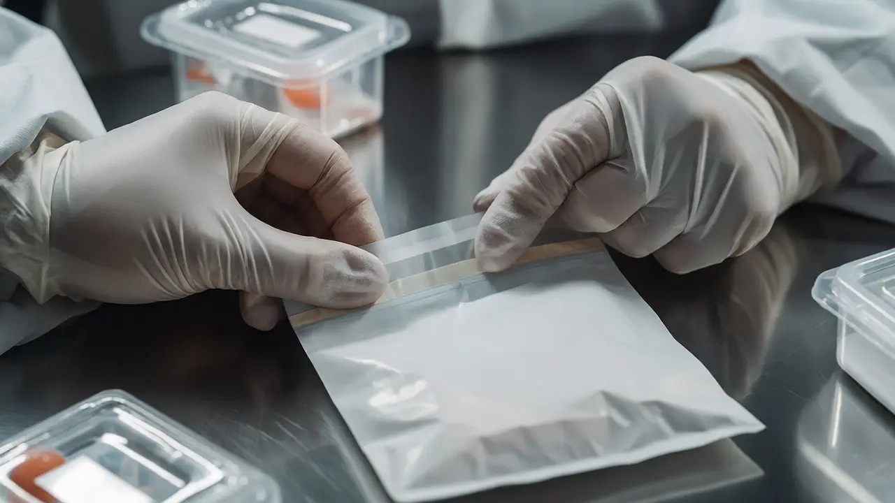 Gloved hands sealing a paper evidence bag in a sterile lab environment.