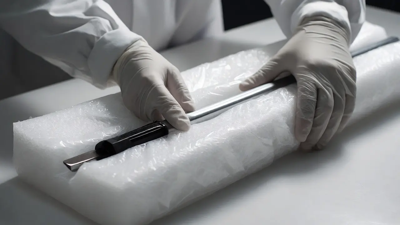 Gloved hands wrapping a metal pry bar in protective polyethylene foam in a lab.