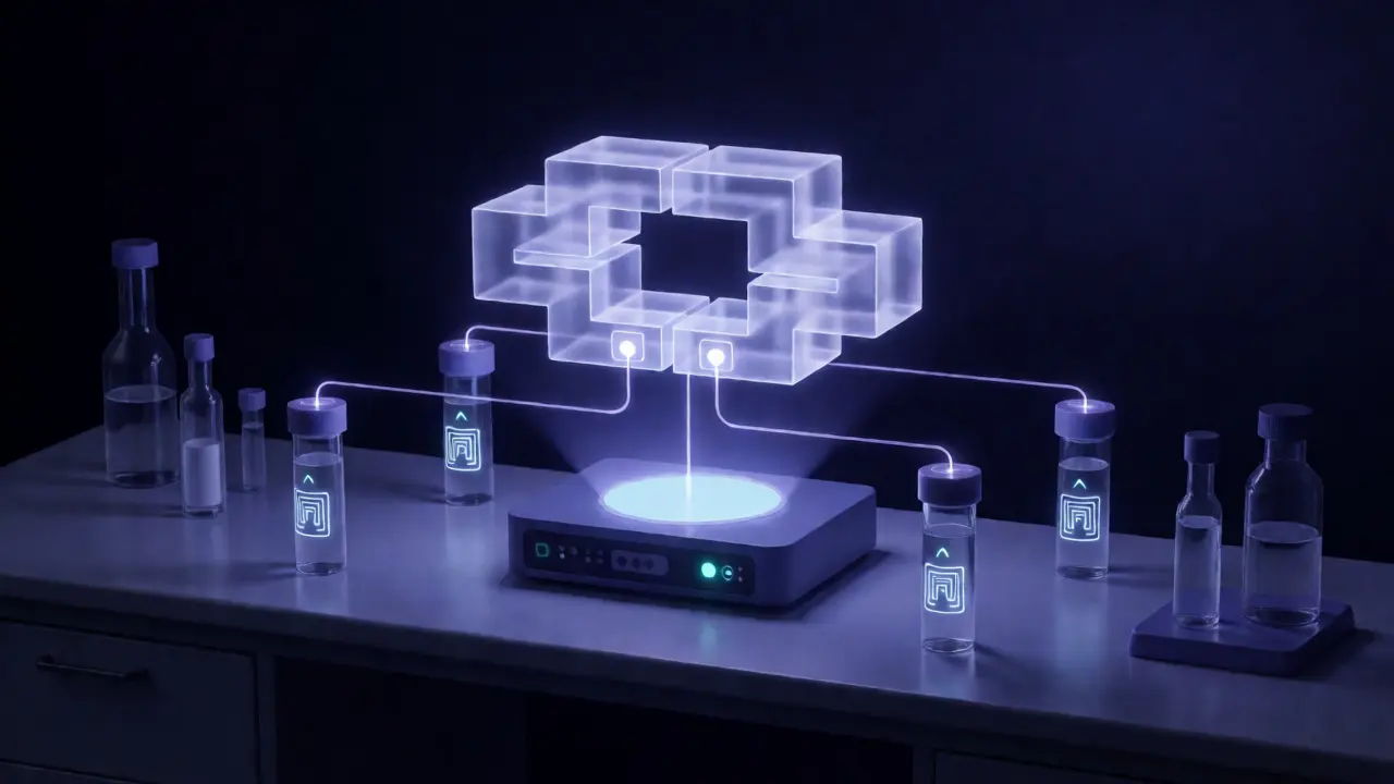 Glowing blockchain network connecting RFID-tagged evidence vials digitally
