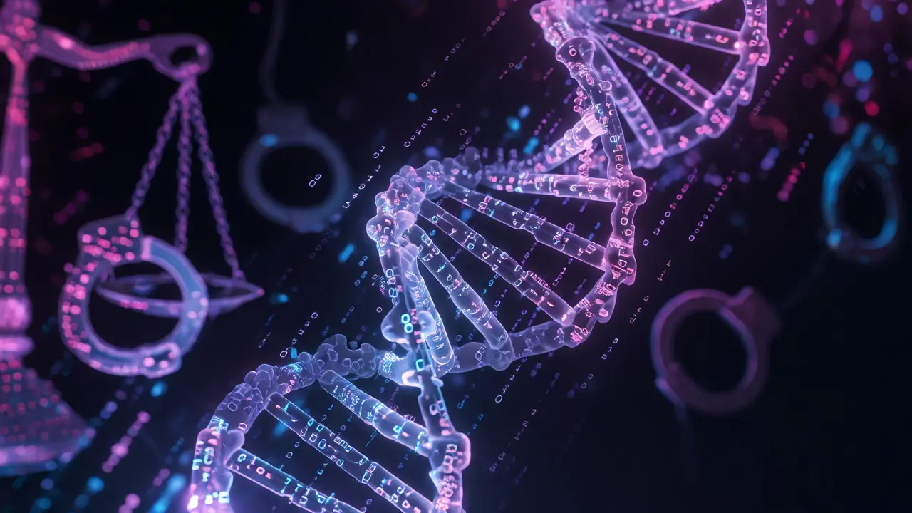 Glowing DNA helix made of data surrounded by abstract symbols of law and privacy.