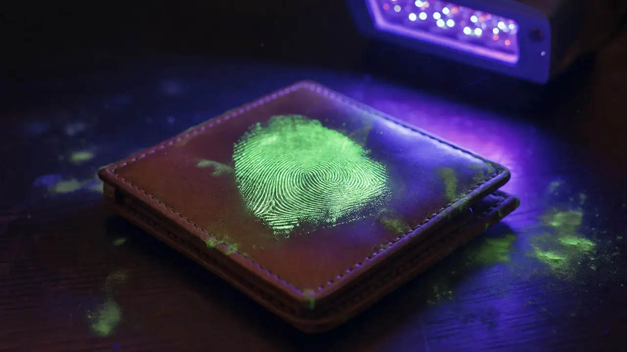 Glowing green latent fingerprint on leather wallet under UV light