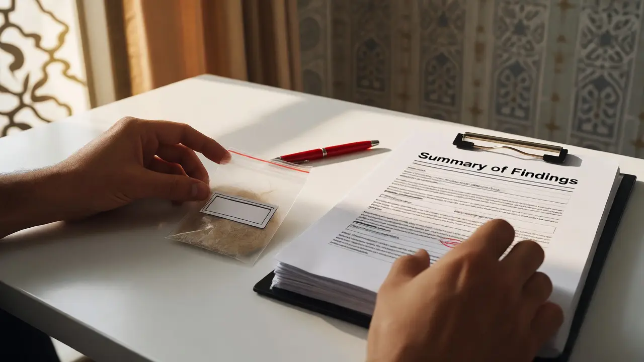 Hands organizing evidence bags and structured forensic reports on a desk