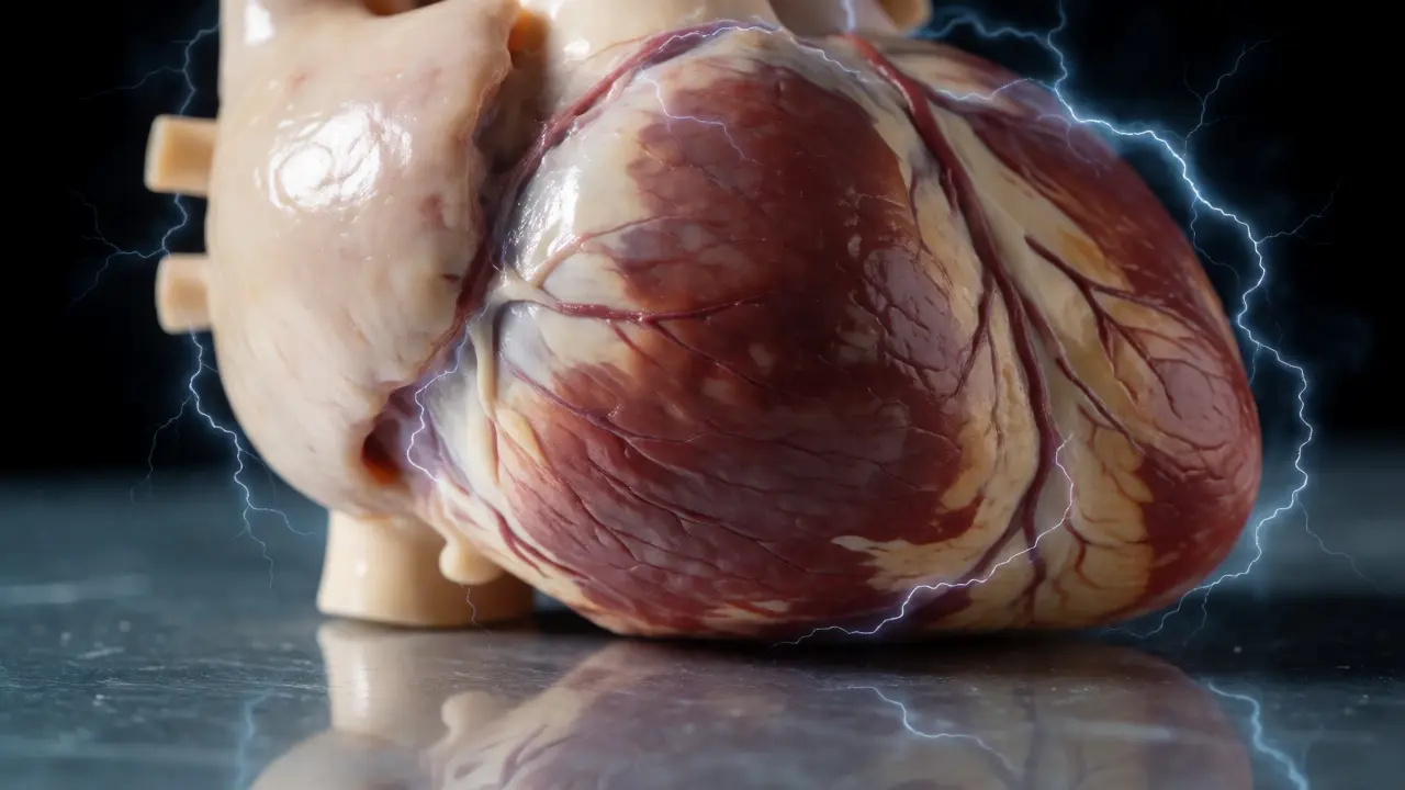 Healthy human heart with subtle electric arcs symbolizing invisible functional death.