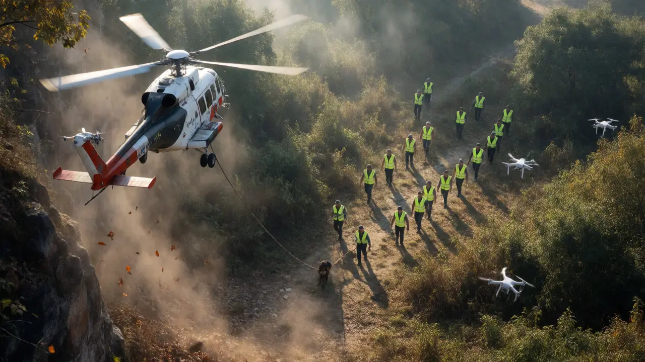 Helicopter and ground teams coordinate a search in a rugged, wooded landscape.