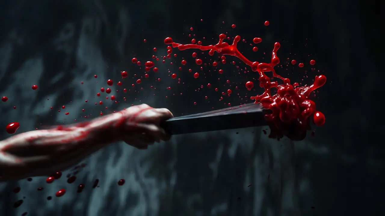 High-speed motion capture of blood droplets flung from a swinging object in darkness.
