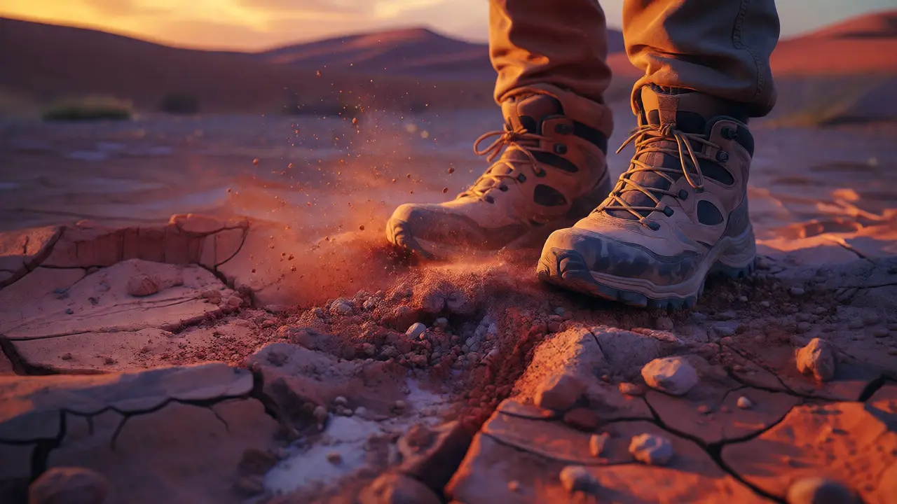 Hiking boots on red desert soil with floating mineral dust at sunset.