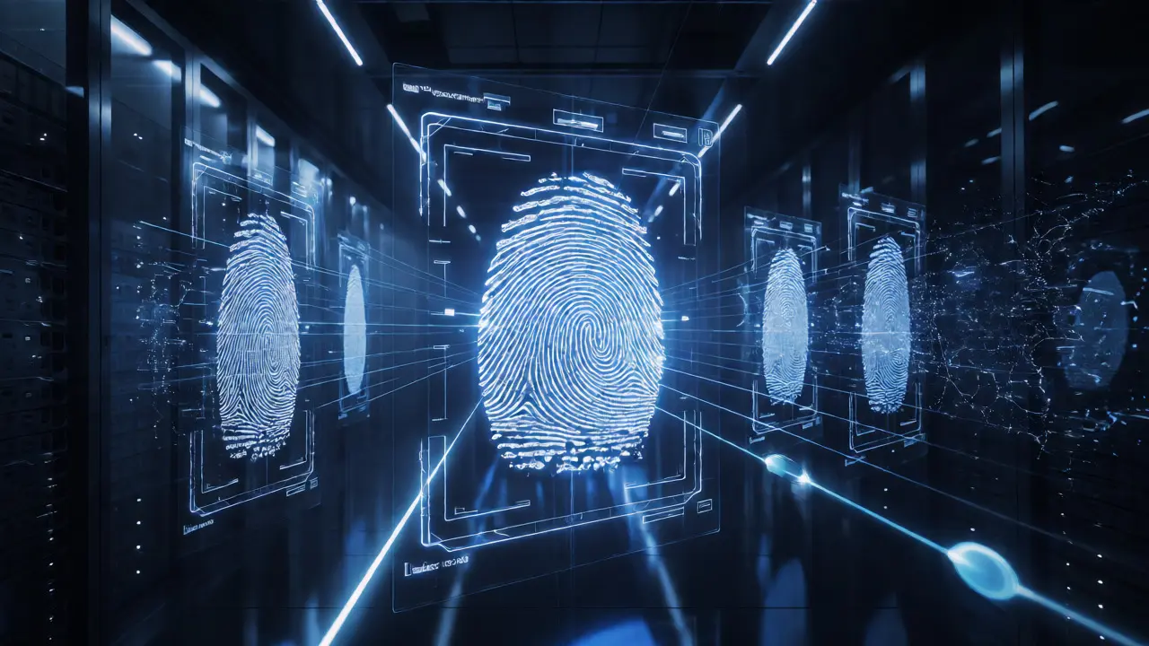 Holographic AFIS system scanning a fingerprint with candidate matches