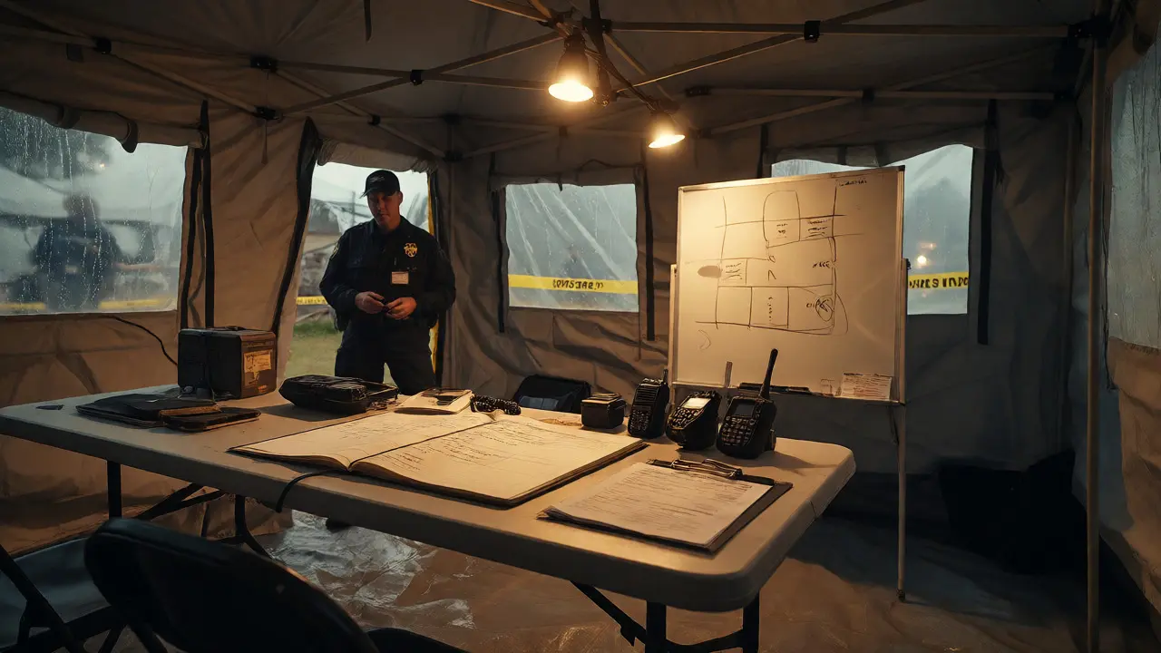 Interior view of an organized command post tent with an evidence coordinator managing logs and entry.