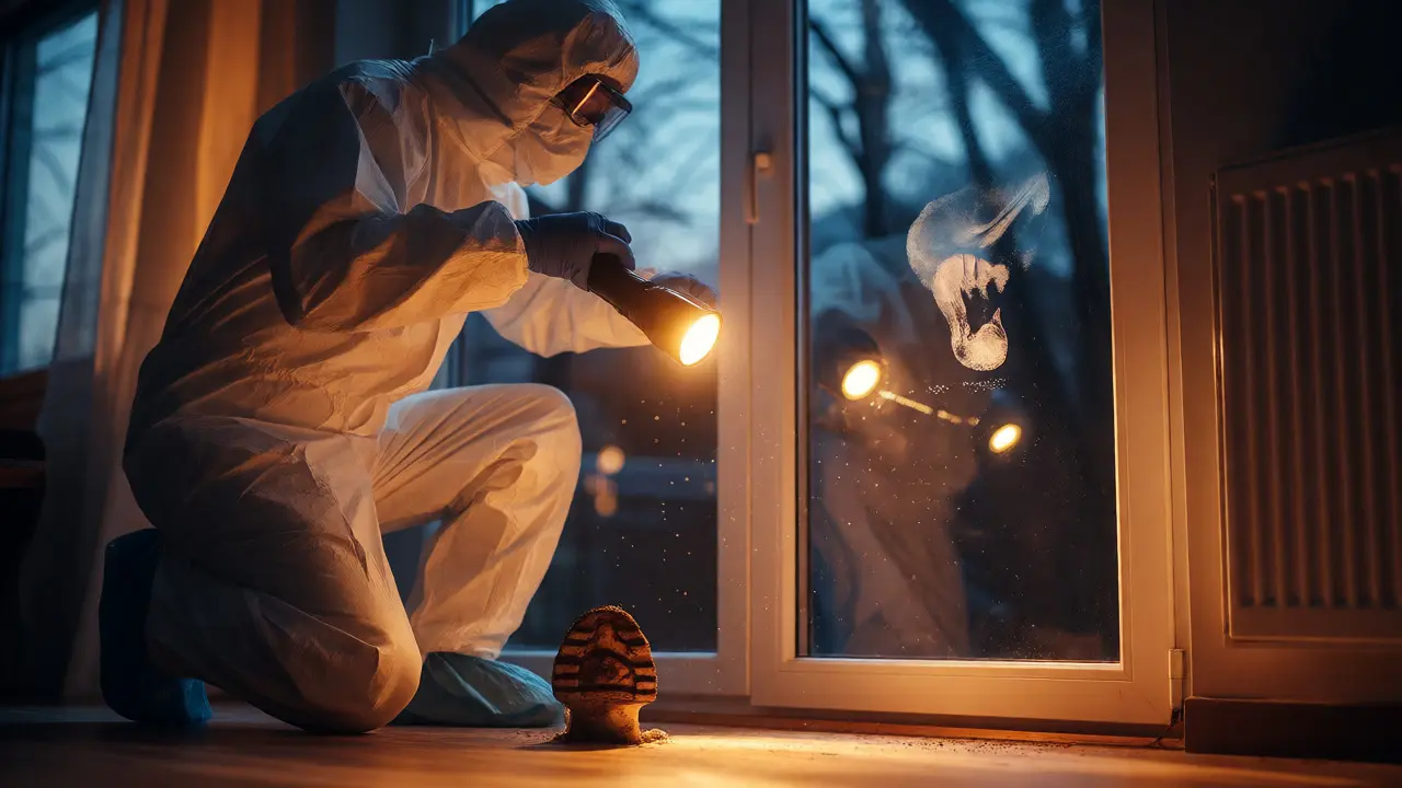 Investigator illuminating dust and footprints at night