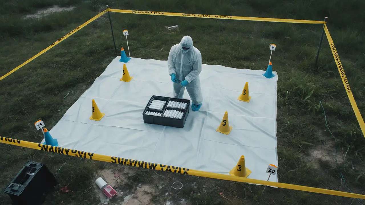 Investigator organizing sterile markers on a white sheet at an outdoor crime scene.
