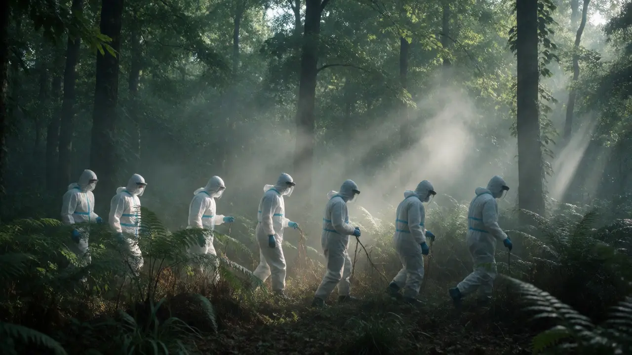 Investigators conducting a strip search line through a misty forest clearing