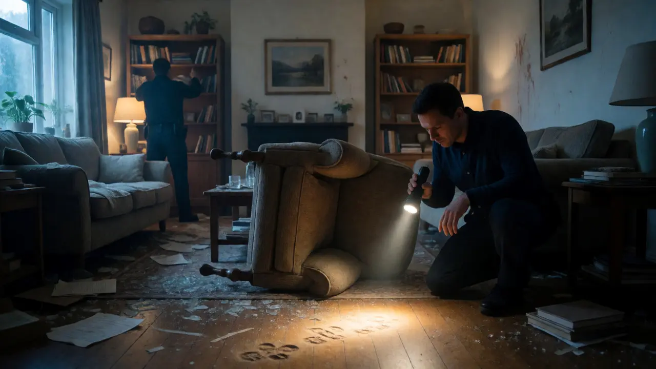 Investigators using a zone search method in a cluttered, dimly lit living room.