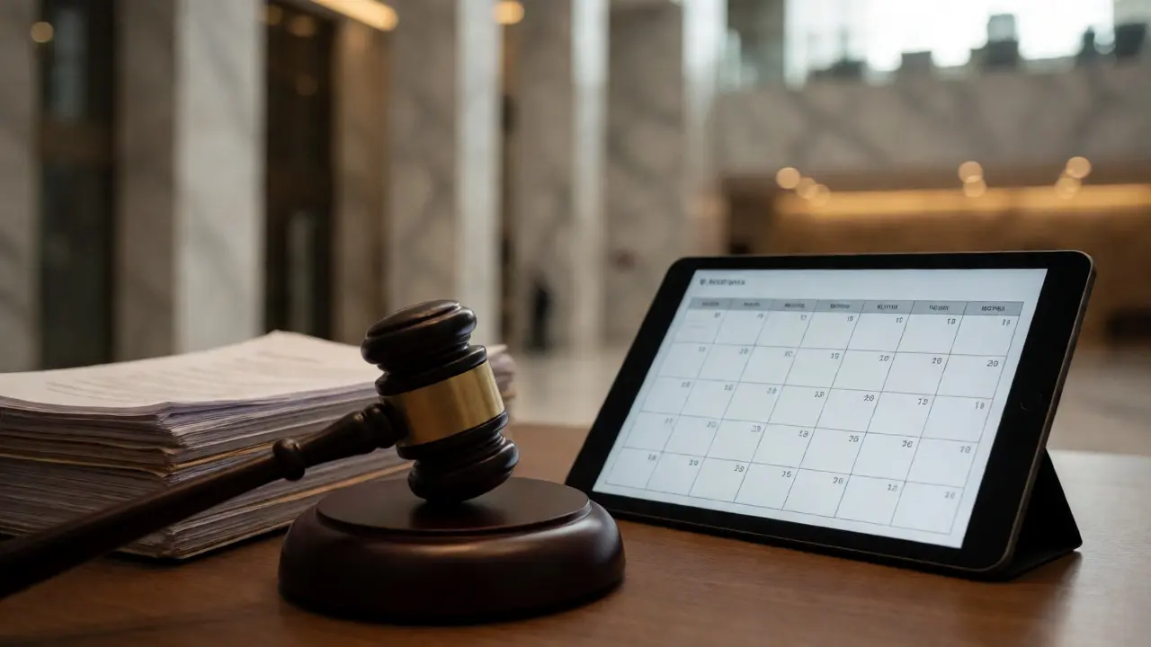 Judge's gavel and scheduling documents on a desk in a courthouse setting.