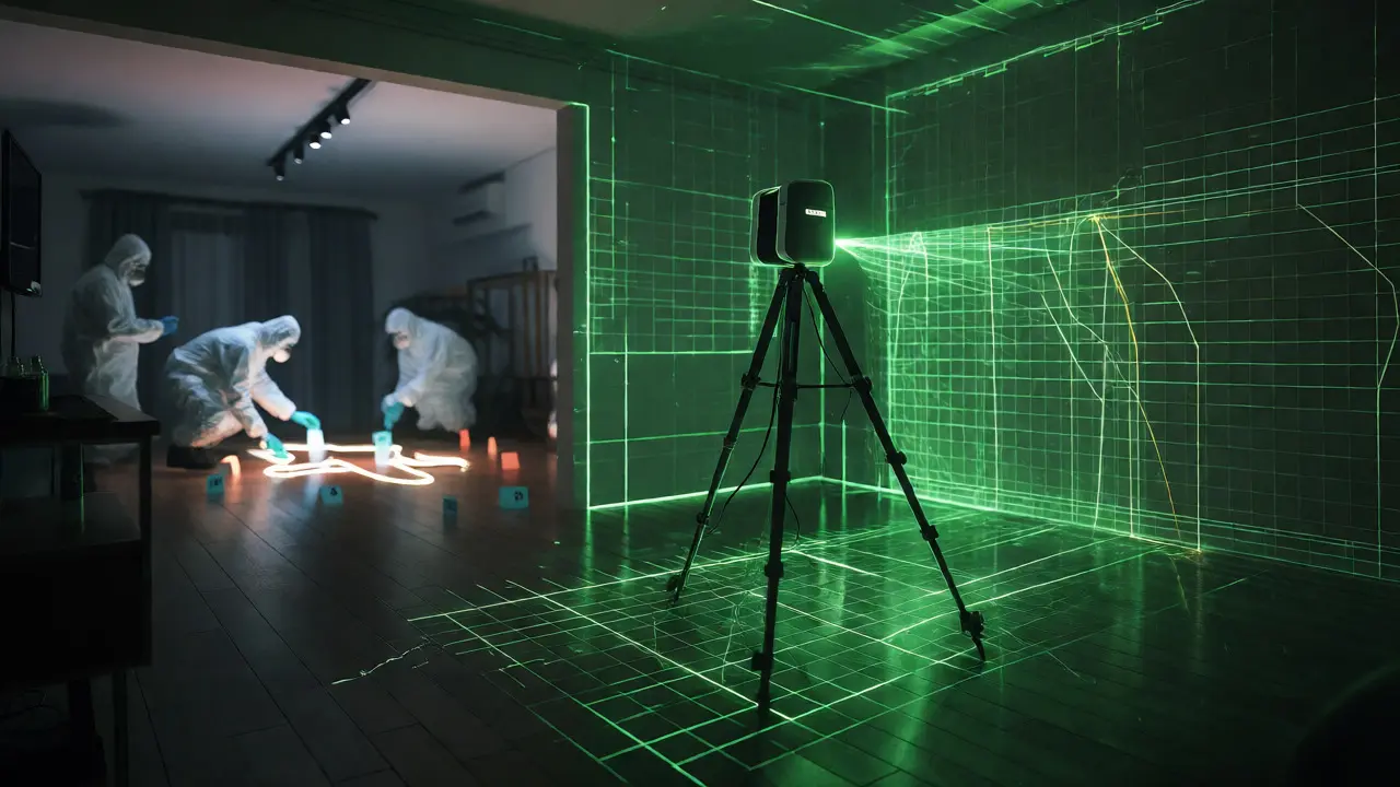 LiDAR scanner mapping a crime scene with green lasers