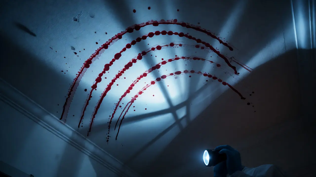 Low-angle view of six arched blood cast-off marks on a ceiling during investigation.