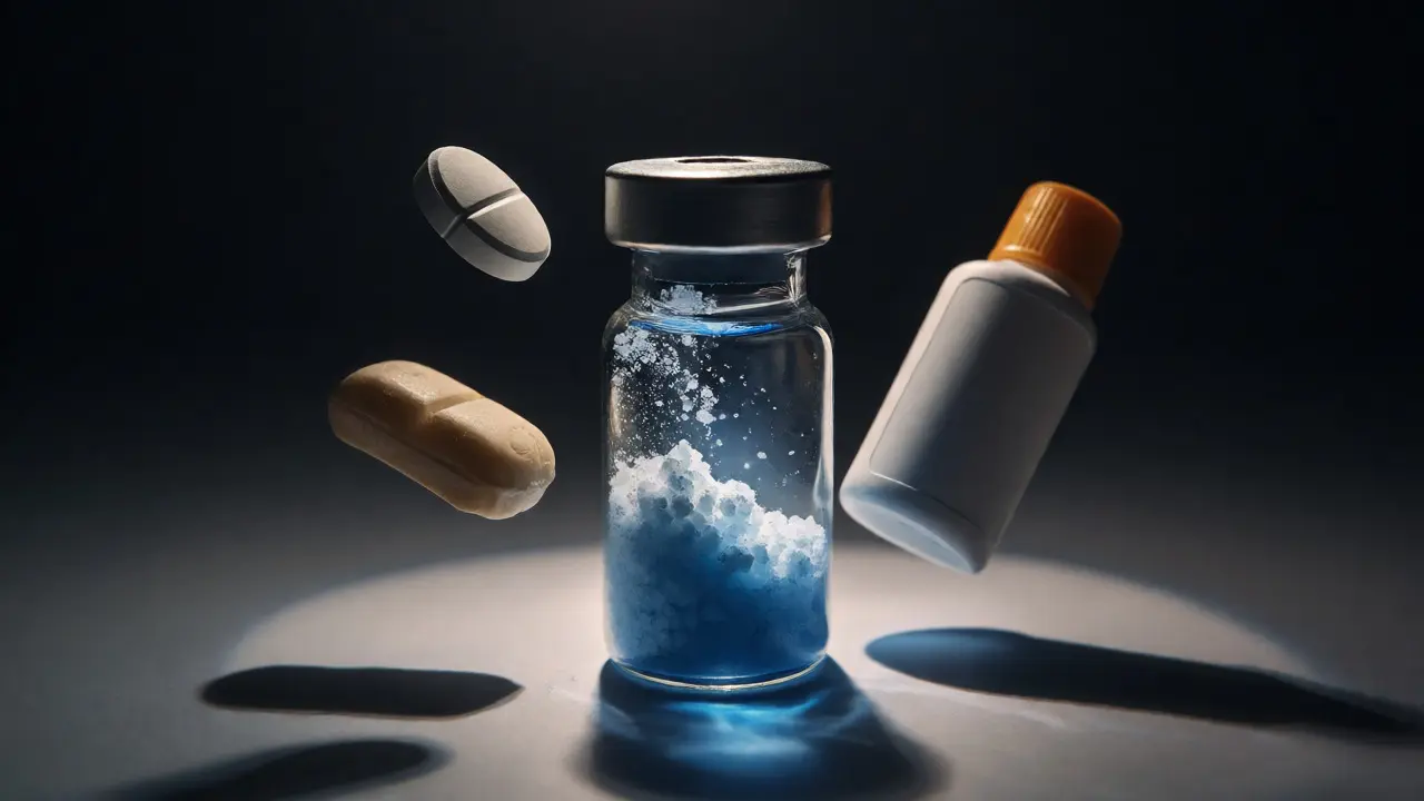 Macro shot of a drug test vial surrounded by floating pills and soap representing false positives.