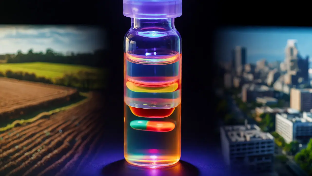 Macro shot of toxicology vial showing layered substances