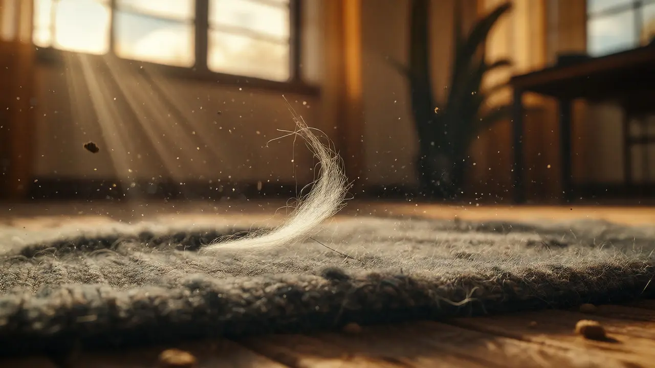Macro view of fiber attracted to wool by static electricity