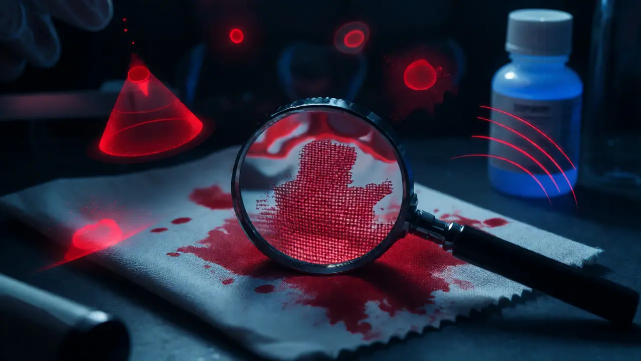 Magnified view of blood transfer on fabric with forensic tools