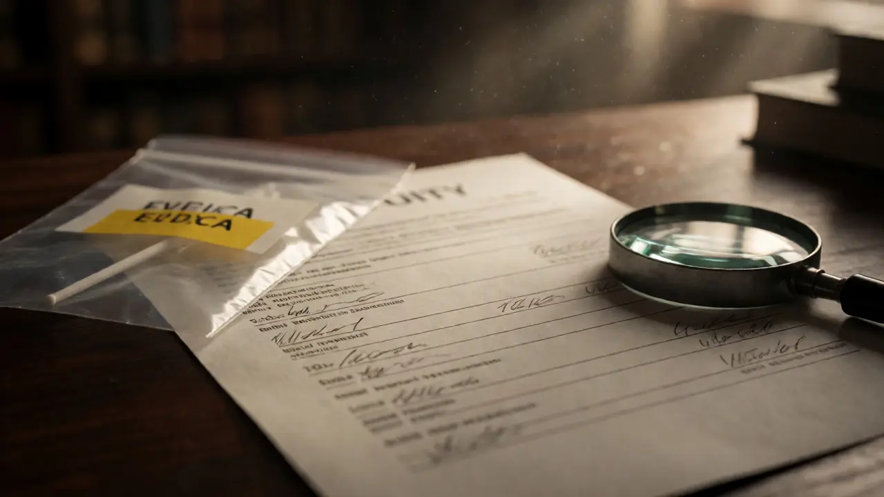 Magnifying glass over chain of custody documents