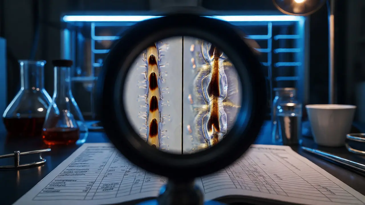 Microscopic view comparing questioned hair roots against a control sample in a lab.