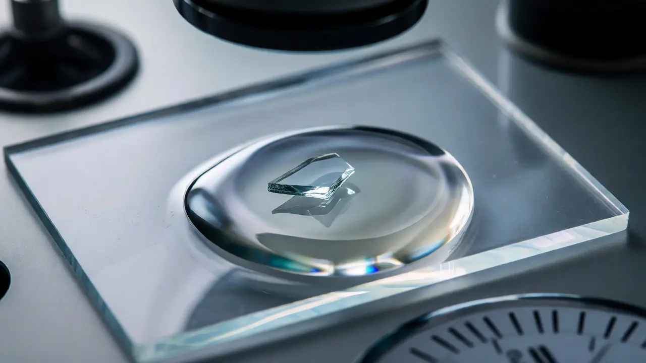Microscopic view of a glass shard submerged in immersion oil during forensic analysis.