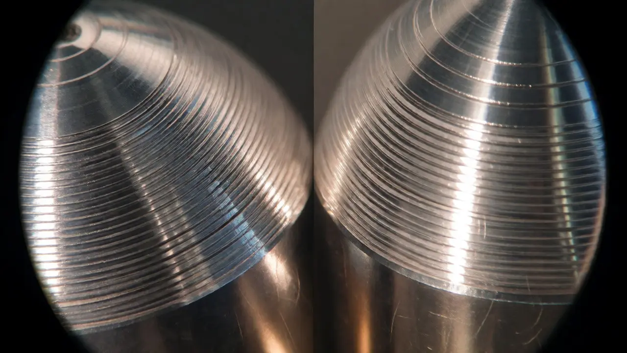 Microscopic view of aligned striations on two matching bullets.