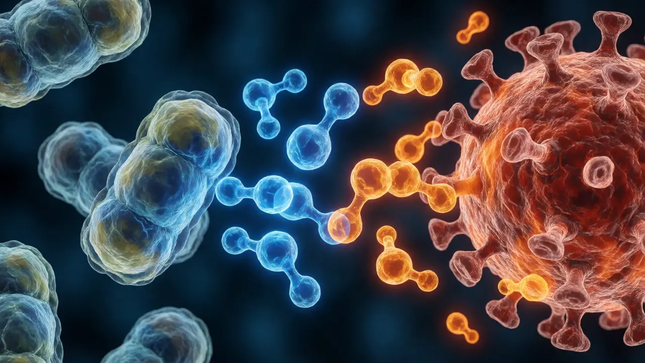 Microscopic view of chemical disinfectants attacking bacteria and resistant spores.