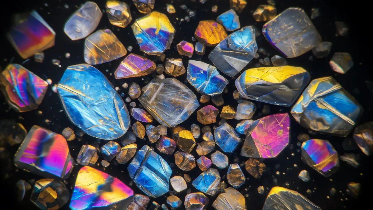 Microscopic view of colorful mineral grains under polarized light.